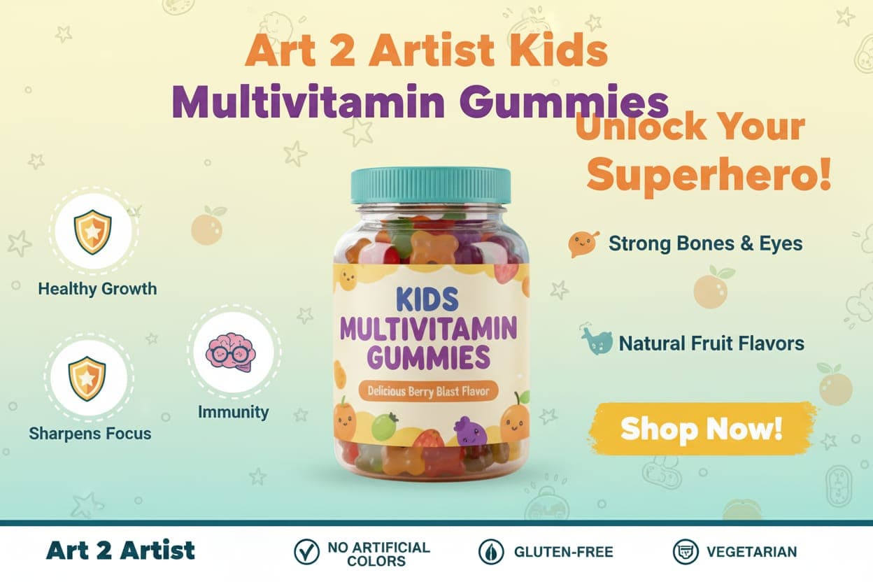 Art2artist Multivitamin Gummies for Kids | 2-6 Years | 30 Gummies | With 11 Vitamins & Minerals | Improves Immunity, Bone health & Antibody Production | No Added Sugar | Orange Flavour 57% off