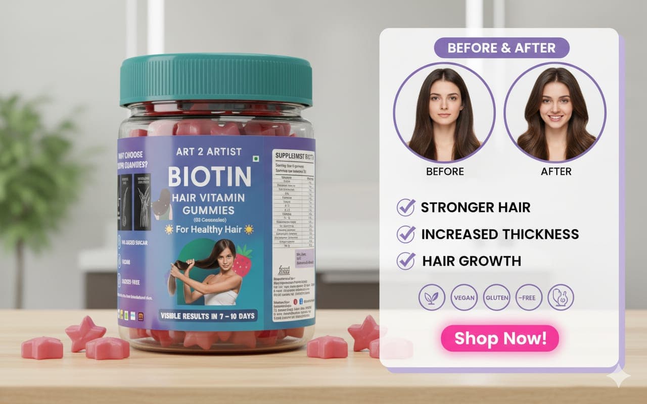 Art2artist gummiesBiotin Hair Gummies For Women, Men | No Added Sugar | For Healthy Hair Growth & Strong Nails | Mixed Fruit Flavor Veg Gummy Supplement - 30 Count (Pack of 1)